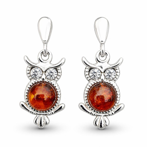 Sterling silver owl drop earrings with cognac amber cabochon and cubic zirconia eyes