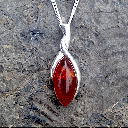 sterling silver and marquise cut Baltic cognac amber pendant necklace