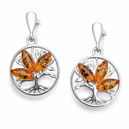 sterling silver and cognac Baltic amber multi stone tree of life drop earrings