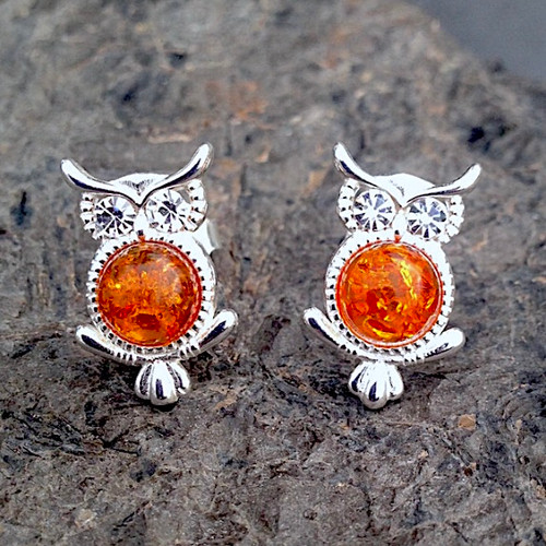 Sterling silver owl stud earrings with Baltic amber cabochons and cz eyes