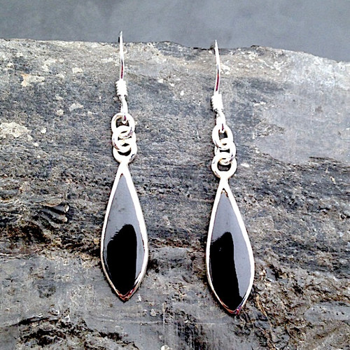 Large Whitby Jet and sterling silver pointed teardrop dangly earrings