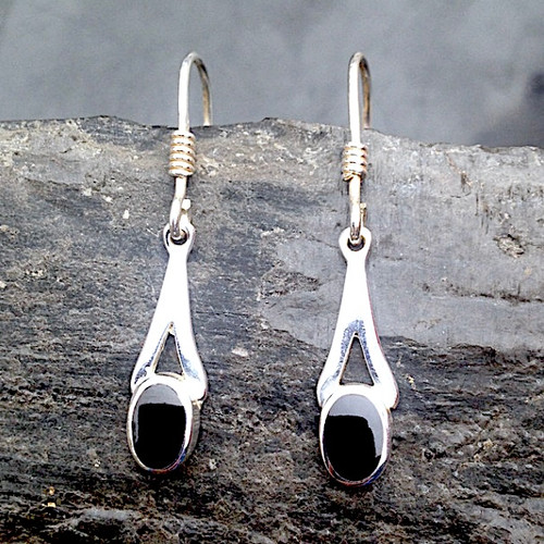 Small sterling silver and Whitby Jet wishbone drop earrings hand crafted in Whitby