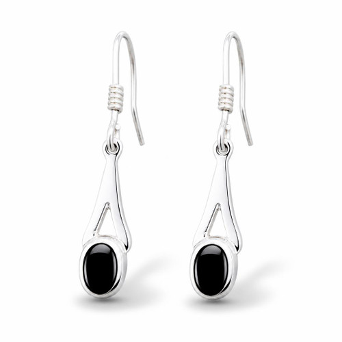 Small sterling silver and Whitby Jet wishbone drop earrings hand crafted in Whitby