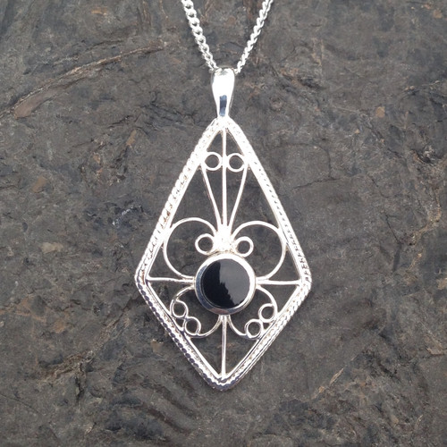 Diamond shaped sterling silver filigree pendant with round Whitby Jet stone