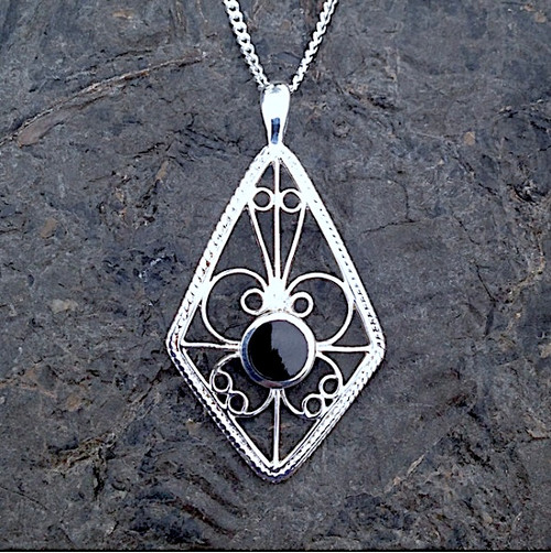 Diamond shaped sterling silver filigree pendant necklace with round Whitby Jet stone