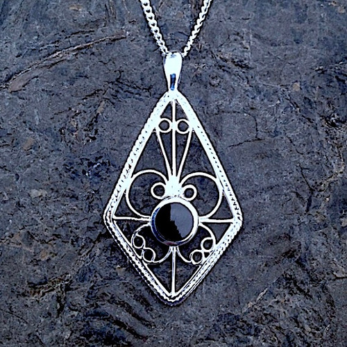 Diamond shaped sterling silver filigree pendant necklace with round Whitby Jet stone