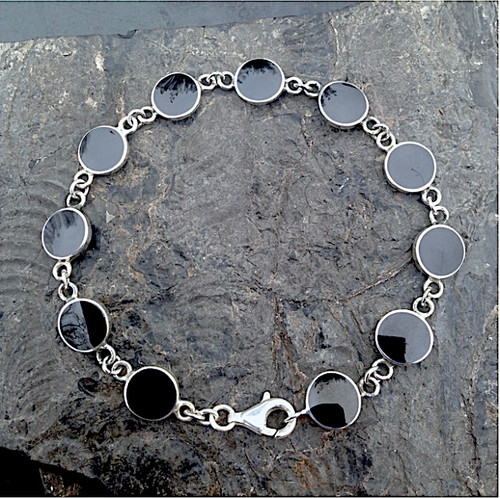 Handmade 925 Sterling silver and Whitby Jet multistone round stone contemporary bracelet