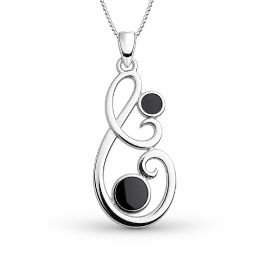 Contemporary sterling silver swirl pendant two hand carved round Whitby Jet stones