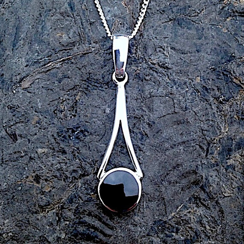 925 sterling silver wishbone pendant necklace with round hand cut Whitby Jet stone