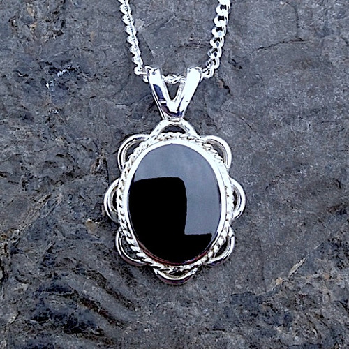 Hand crafted oval sterling silver and Whitby Jet pendant necklace rope and frill edge