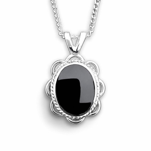 Hand crafted oval sterling silver and Whitby Jet pendant necklace rope and frill edge