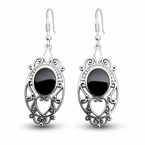 Long sterling silver filigree earrings set with oval Whitby Jet stones