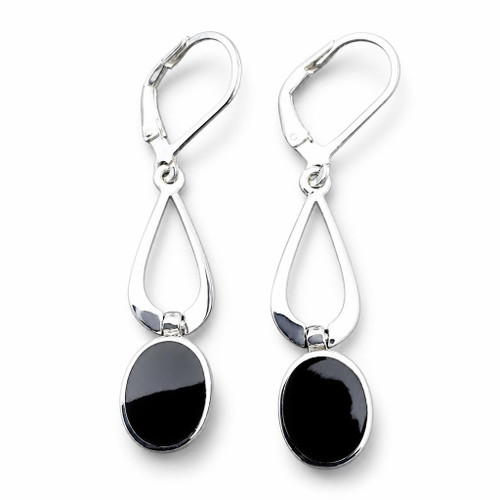 Hand crafted long sterling silver drop earrings with oval Whitby Jet stones