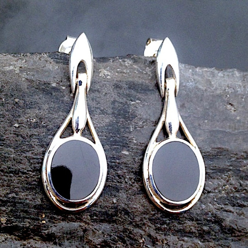 Sterling silver hinged drop earrings with Whitby Jet oval stones and stud fastenings