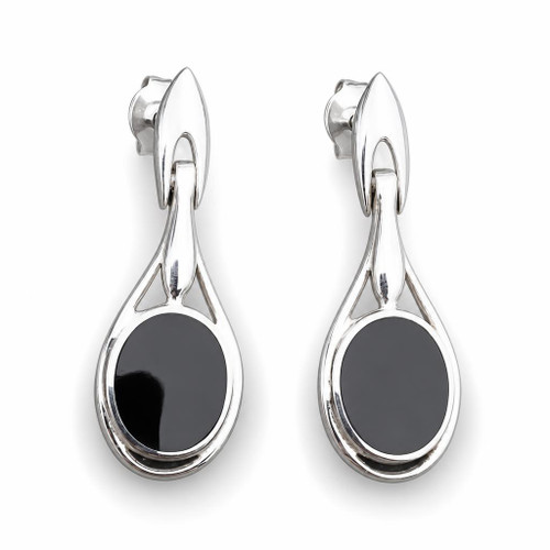 Sterling silver hinged drop earrings with Whitby Jet oval stones and stud fastenings