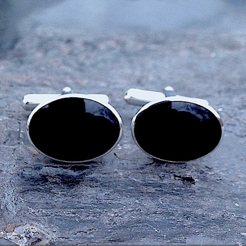 Hand crafted gents 925 silver oval cufflinks with natural black stones