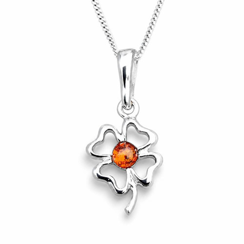 Baltic cognac amber and 925 sterling silver four leaf clover necklace