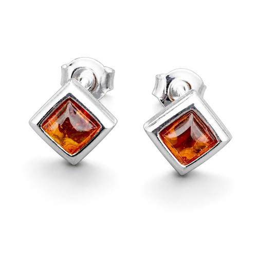 Baltic cognac amber and sterling silver diamond-shaped stud earrings