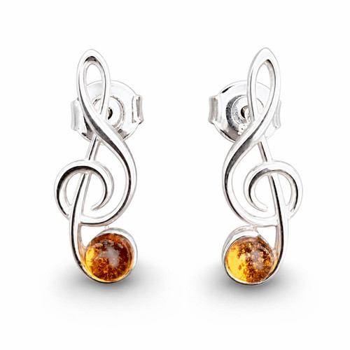 Sterling silver treble clef stud earrings with Baltic amber cabochons