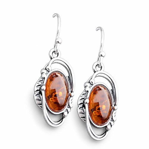 Fancy oval Baltic amber and 925 silver dangly earrings