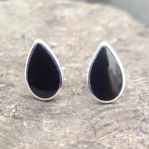 Large Whitby Jet and sterling silver teardrop stud earrings