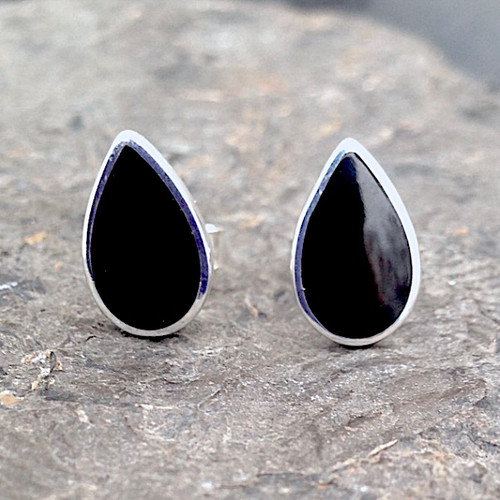 Large hand crafted Whitby Jet and sterling silver teardrop stud earrings