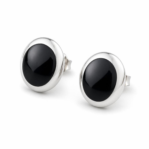 Hand crafted sterling silver cushion edge oval stud earrings with Whitby Jet
