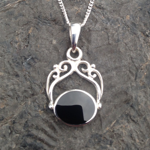 Whitby Jet and 925 silver fancy filigree pendant with oval stone