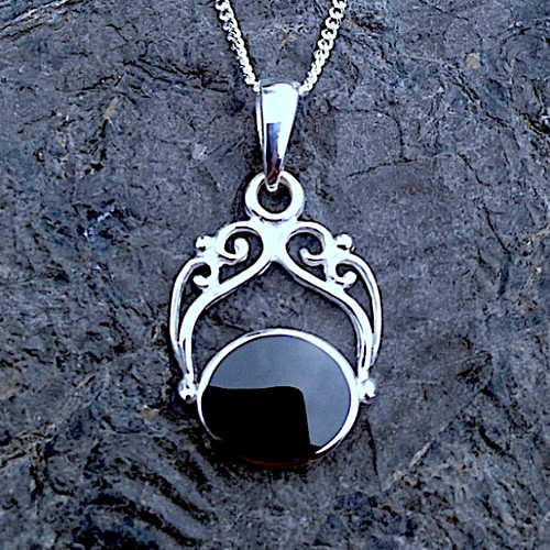 Hand crafted Whitby Jet 925 sterling silver fancy filigree pendant necklace oval stone