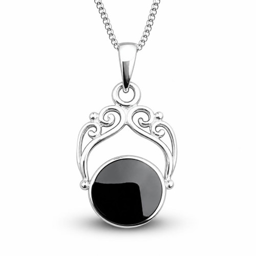 Hand crafted Whitby Jet 925 sterling silver fancy filigree pendant necklace oval stone