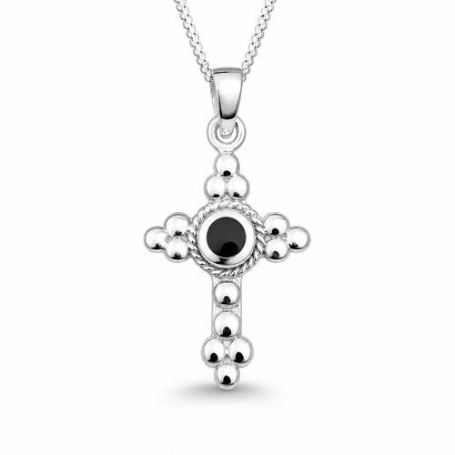 Sterling silver beaded cross pendant with round Whitby Jet stone