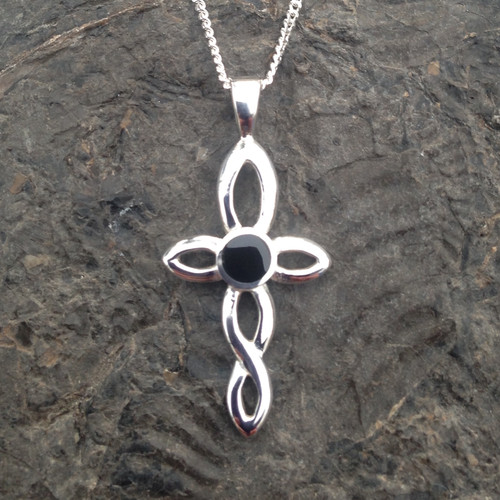 Small Celtic Whitby Jet and 925 silver cross pendant on sterling silver chain