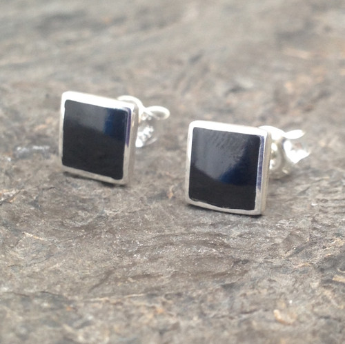 Whitby Jet and silver square stud earrings
