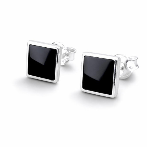 Whitby Jet and sterling silver square stud earrings with hand carved stones