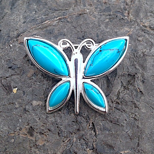Turquoise and sterling silver multi stone butterfly pin brooch with marquise stones