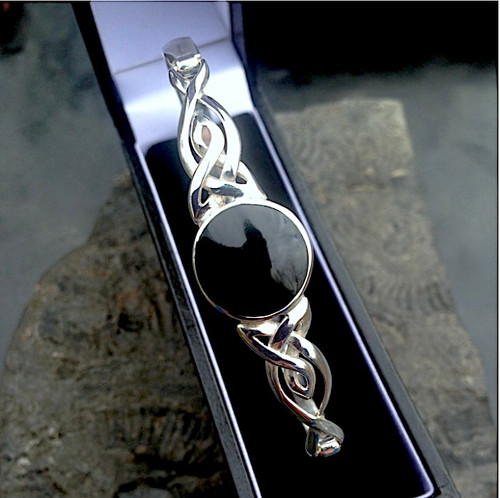 Handcrafted Celtic 925 sterling silver and Whitby Jet single round stone bangle Handcrafted Celtic 925 sterling silver and Whitby Jet single round stone bangle