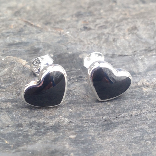 Large curved sterling silver and Whitby Jet heart stud earrings