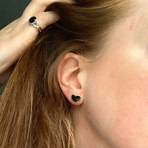 Sterling silver heart ear studs with hand carved shiny natural black gemstone