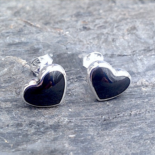 Hand crafted large curved sterling silver and Whitby Jet love heart stud earrings