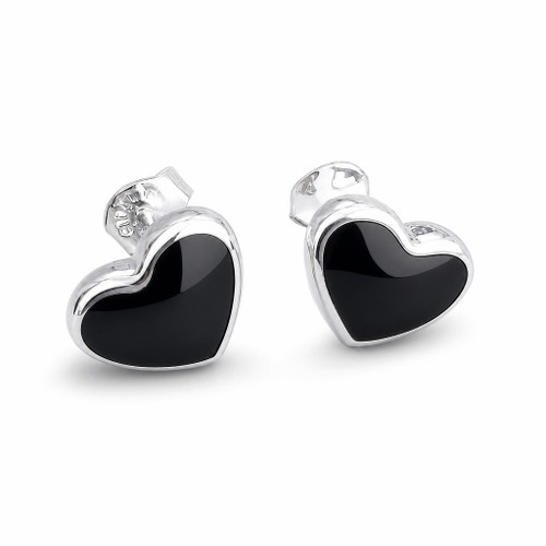 Hand crafted large curved sterling silver and Whitby Jet love heart stud earrings