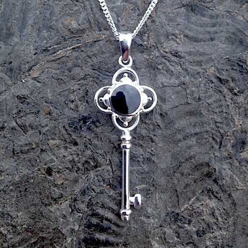 Hand crafted 925 sterling silver key pendant necklace with round Whitby Jet stone