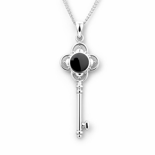 Hand crafted 925 sterling silver key pendant necklace with round Whitby Jet stone