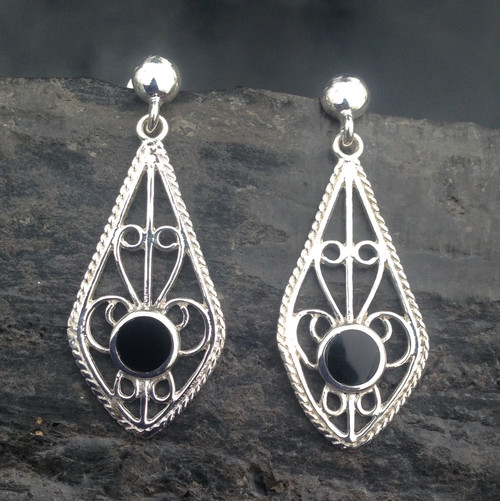 Large sterling silver filigree earrings with round Whitby Jet stone