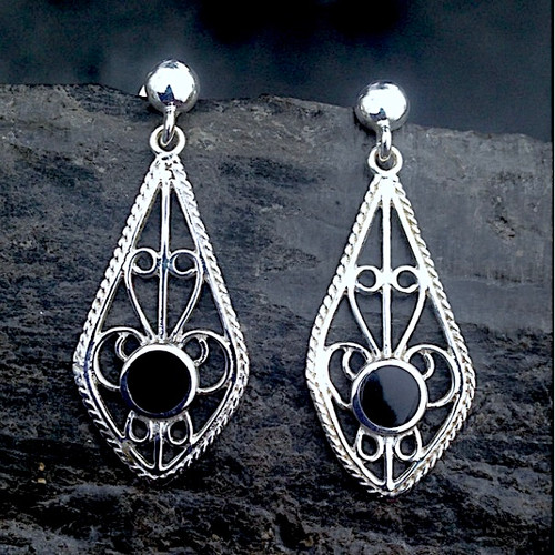 Large hand crafted sterling silver rope edge filigree earrings with round Whitby Jet stone