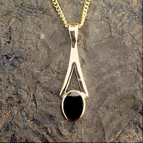 Hand crafted 9ct yellow gold small wishbone pendant necklace oval Whitby Jet stone
