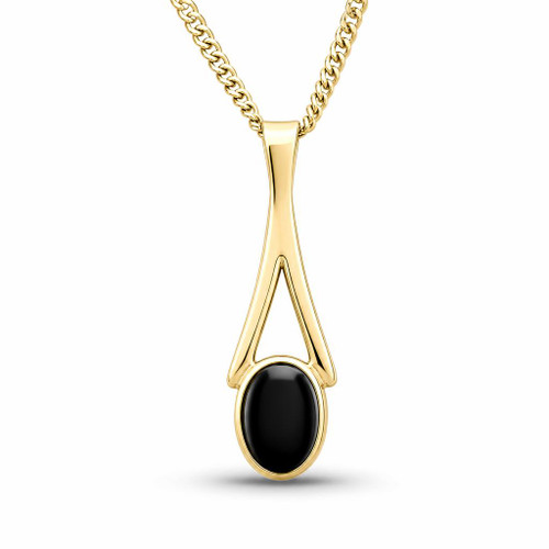 Hand crafted 9ct yellow gold small wishbone pendant necklace oval Whitby Jet stone