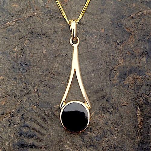 Hand crafted Whitby Jet 9ct yellow gold wishbone round stone pendant necklace