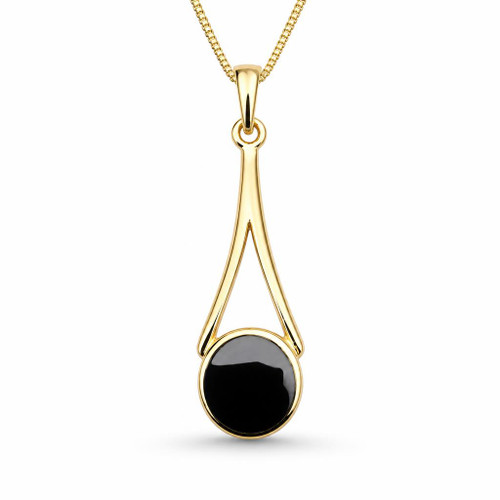 Hand crafted Whitby Jet 9ct yellow gold wishbone round stone pendant necklace