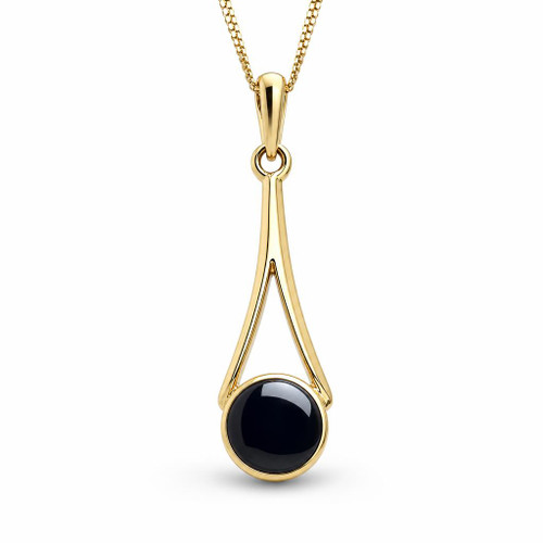 Hand crafted Whitby Jet 9ct yellow gold wishbone round stone pendant necklace