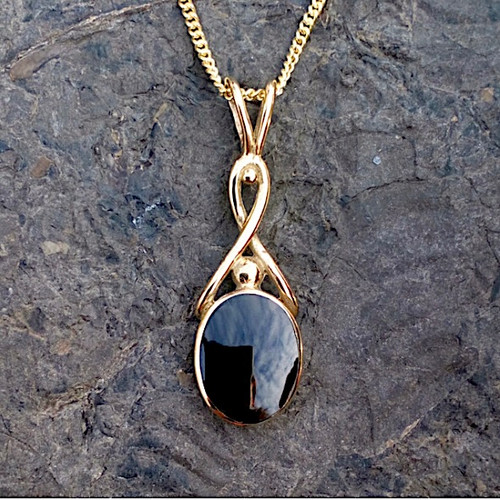 9ct yellow gold Celtic necklace with oval Whitby Jet stone handcrafted in Whitby